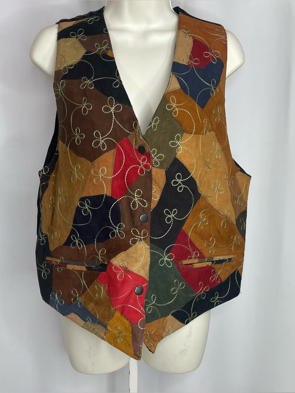 Strategy One Vintage Patchwork Suede Leather Vest M Embroidered Boho